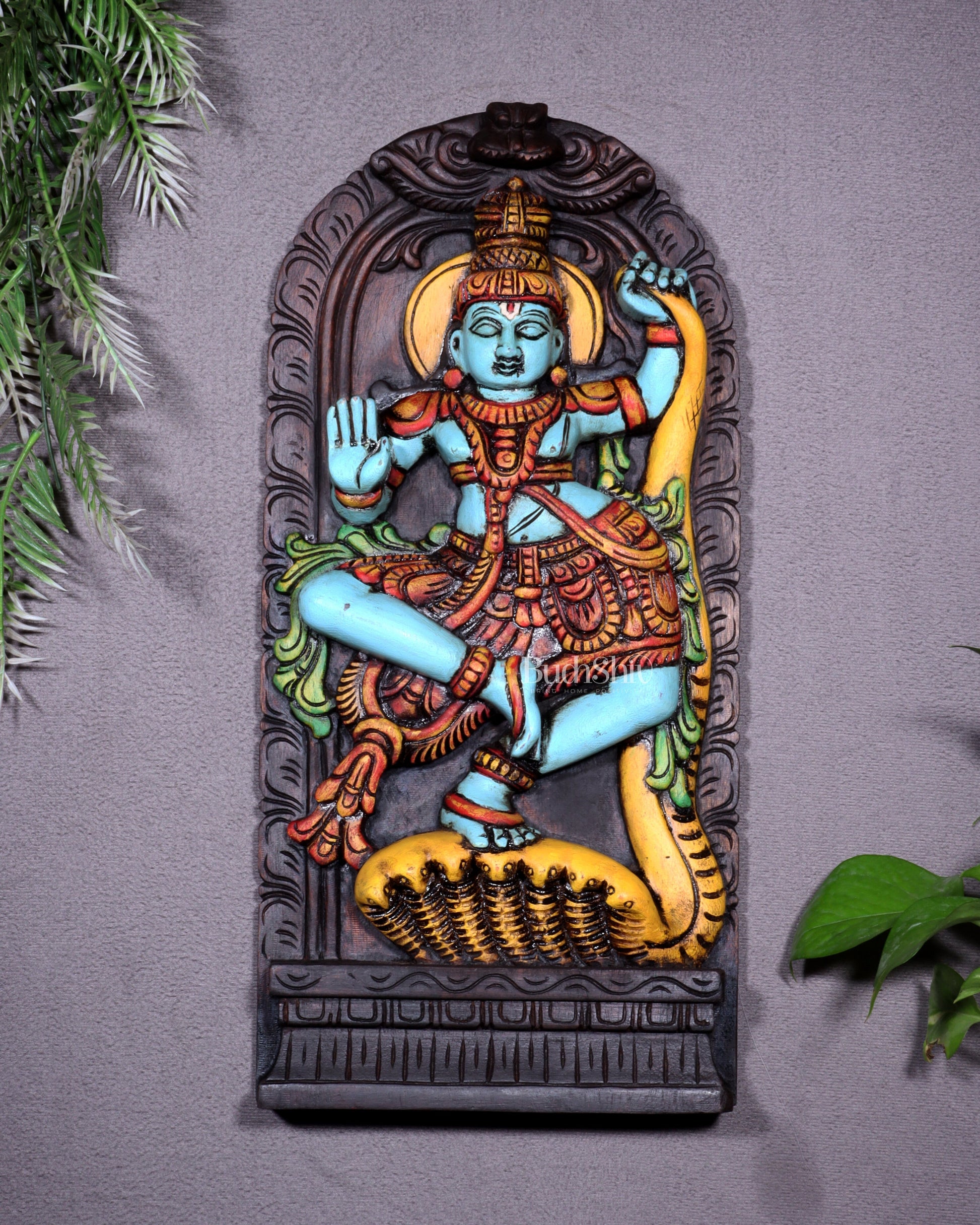 Wooden Kalinga Narthana Krishna Wall Hanging – Hand-Painted 18 inch - Sama Homes Idol - Brass Sculpture - Eco-friendly - Sama Homes