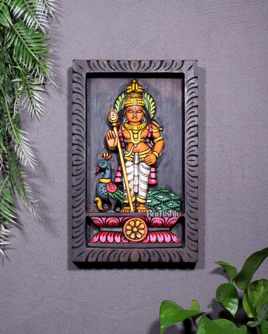 Wooden Standing Lord Murugan with Peacock Wall Hanging – Hand-Painted Panel 13 inch - Sama Homes Idol - Brass Sculpture