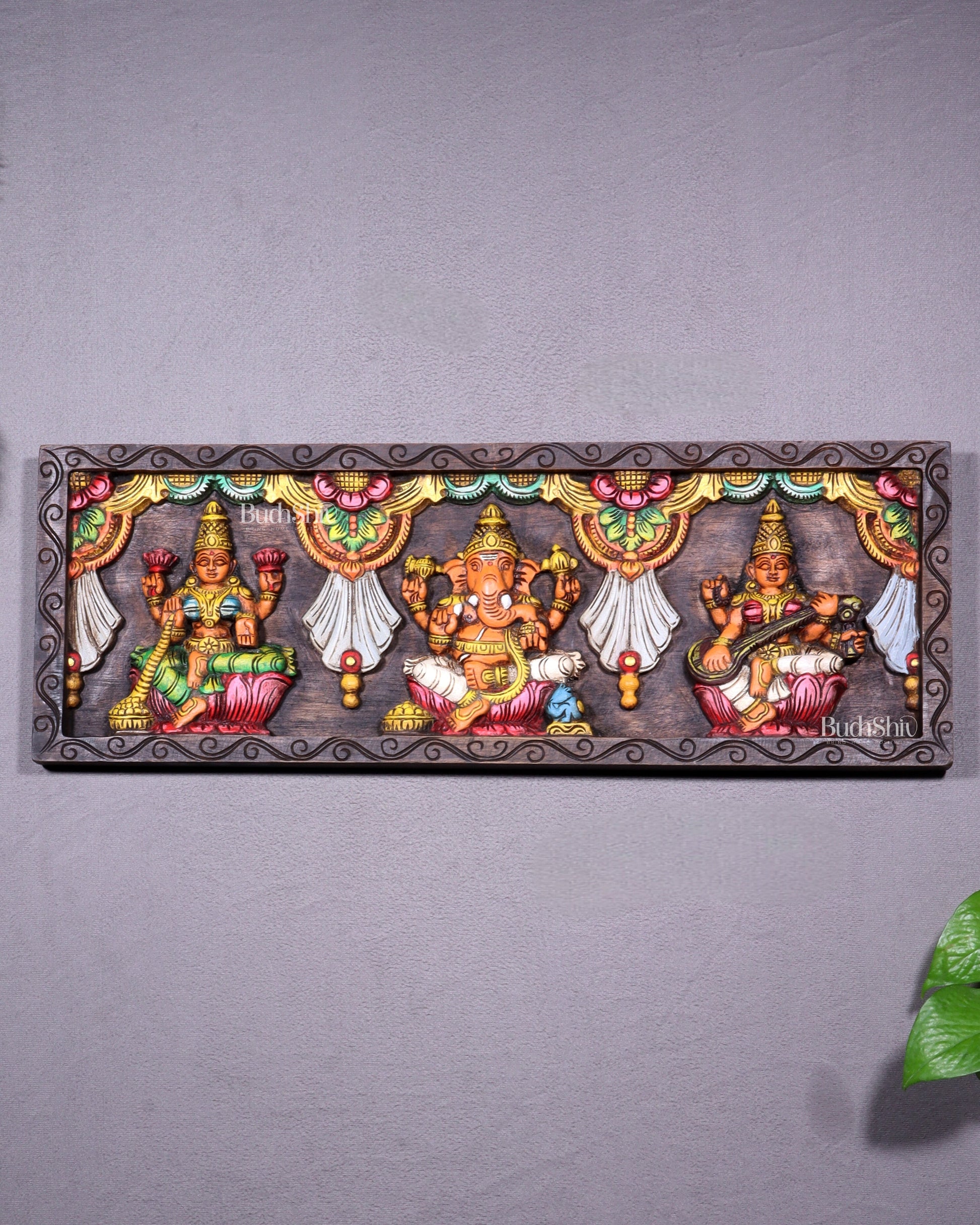 Wooden Horizontal Ganesh Lakshmi Saraswati Wall Hanging – Hand-Painted Panel 24 inch - Sama Homes Idol - Brass Sculpture - Eco-friendly - Sama Homes