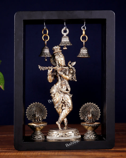 Brass Superfine Lord Krishna with Hanging Bells & Peacock Lamps on MDF Panel 11 inch - Sama Homes Idol - Brass Sculpture