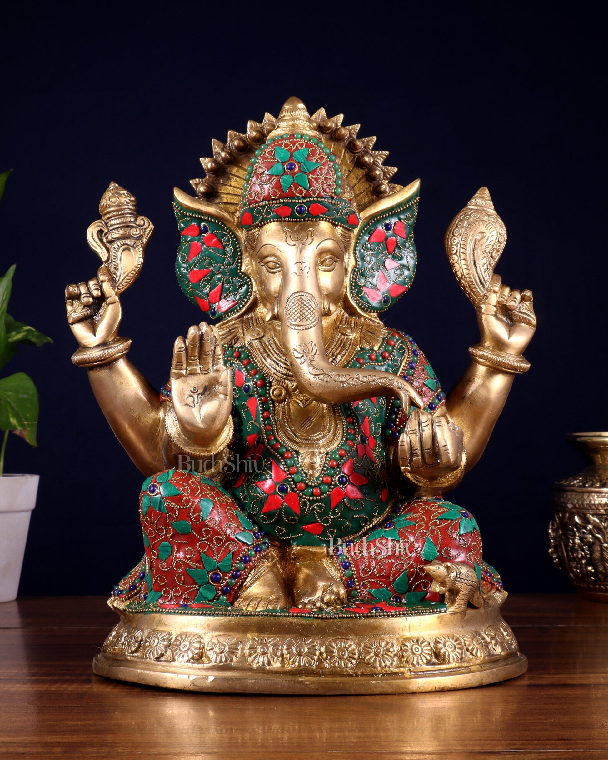 Pure Brass Ganesha Statue with Floral Stonework 12 inch - Sama Homes Idol - Brass Sculpture - Eco-friendly - Sama Homes