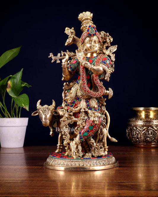 Pure Brass Lord Krishna with Cow Statue – floral stonework 13 inch - Sama Homes Idol - Brass Sculpture