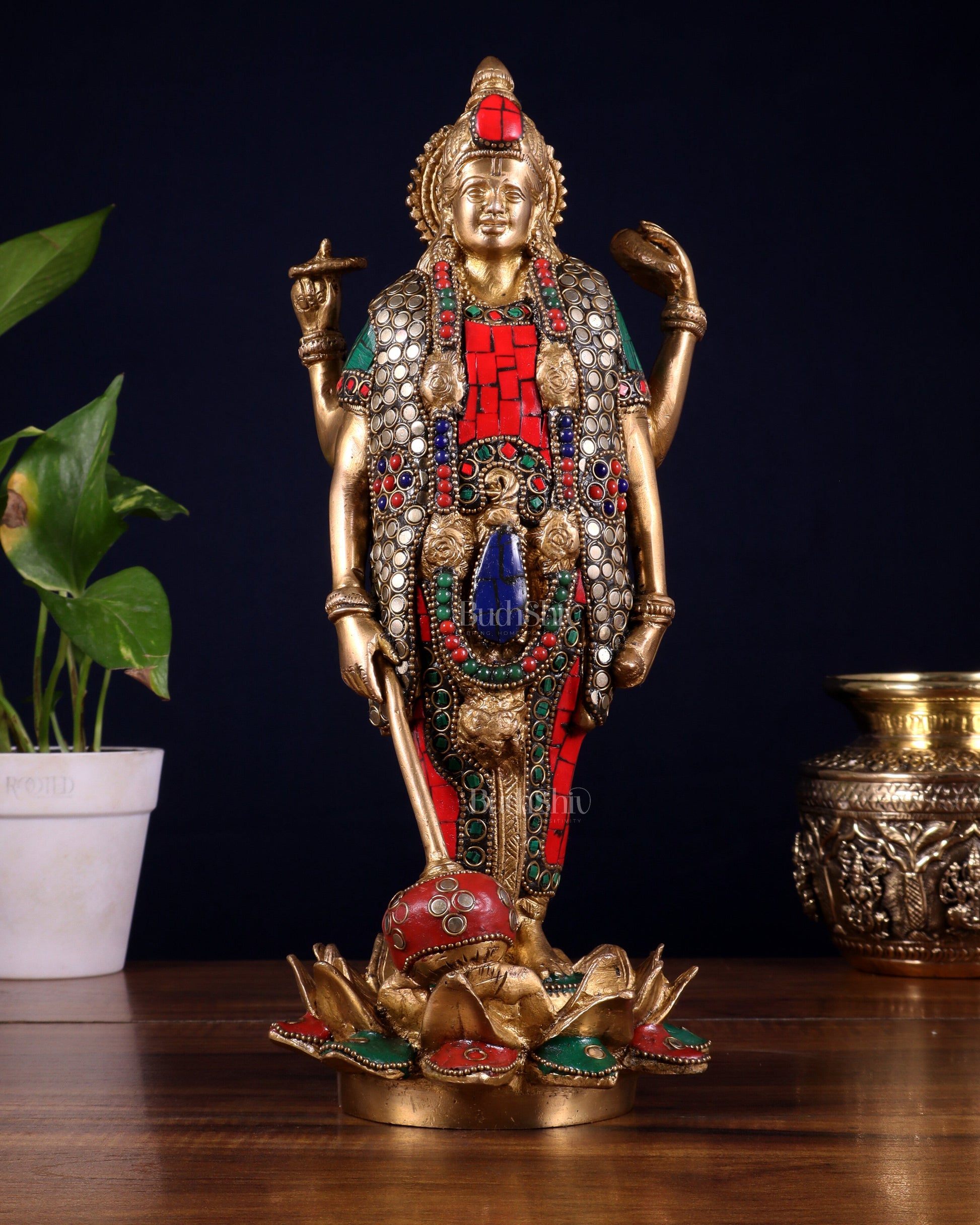 Brass Standing Vishnu Statue Satya narayan on Lotus Base - 12.5 Inch | 100% Certified Copper & Brass - Sama Homes Idol - Brass Sculpture - Eco-friendly - Sama Homes