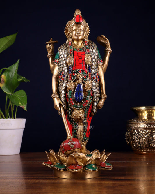 Brass Standing Vishnu Statue Satya narayan on Lotus Base - 12.5 Inch | 100% Certified Copper & Brass - Sama Homes Idol - Brass Sculpture