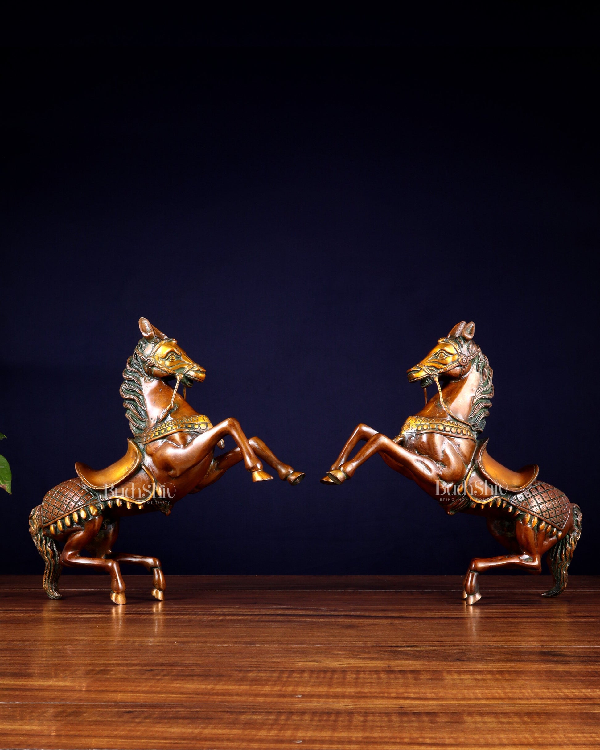 Pure Brass Pair of Horses with Raised Legs – Vintage Tone 11.5 inch each - Eco-friendly - Sama Homes