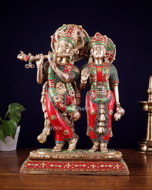 Pure Brass Large Radha Krishna Statue with Meenakari Stonework | 17 Inch - Sama Homes Idol - Brass Sculpture