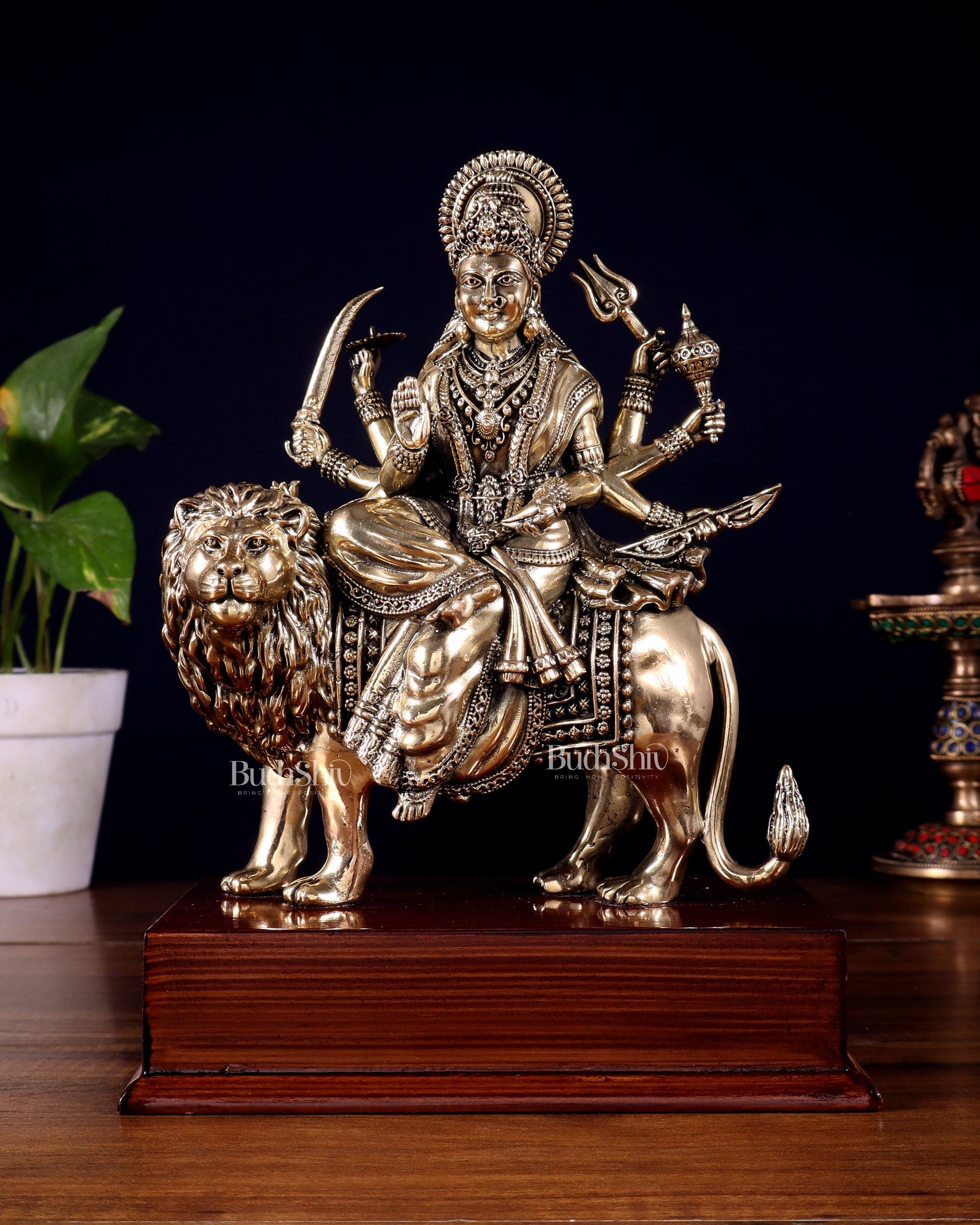 Brass Superfine Durga Ambe Mata Idol on Wooden Base – 9.5 Inch | 100% Certified Copper & Brass - Sama Homes Idol - Brass Sculpture - Eco-friendly - Sama Homes