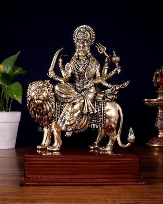Brass Superfine Durga Ambe Mata Idol on Wooden Base – 9.5 Inch | 100% Certified Copper & Brass - Sama Homes Idol - Brass Sculpture