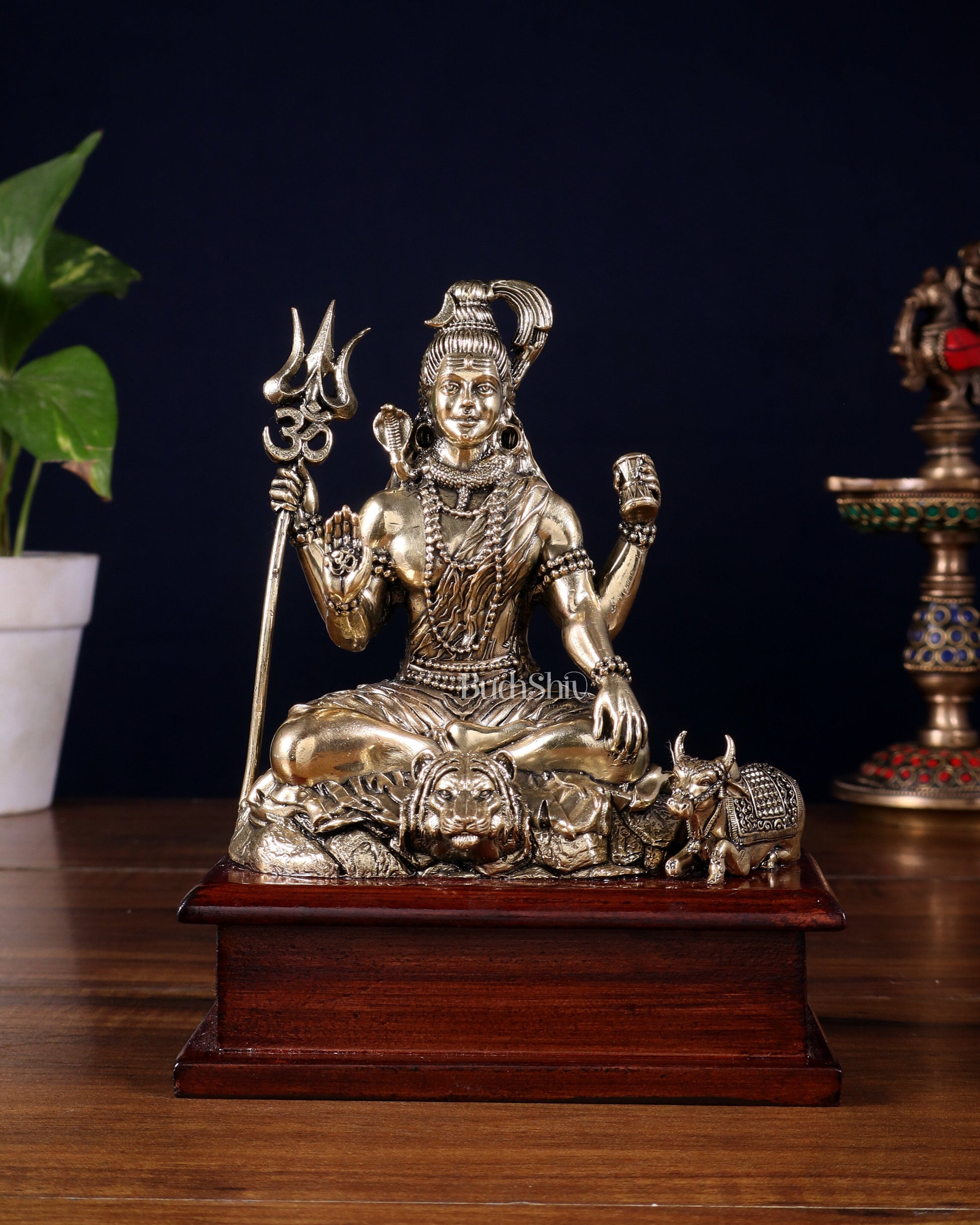 Brass Superfine Lord Shiva with Nandi on Wooden Base – 6.5 Inch - Sama Homes Idol - Brass Sculpture - Eco-friendly - Sama Homes