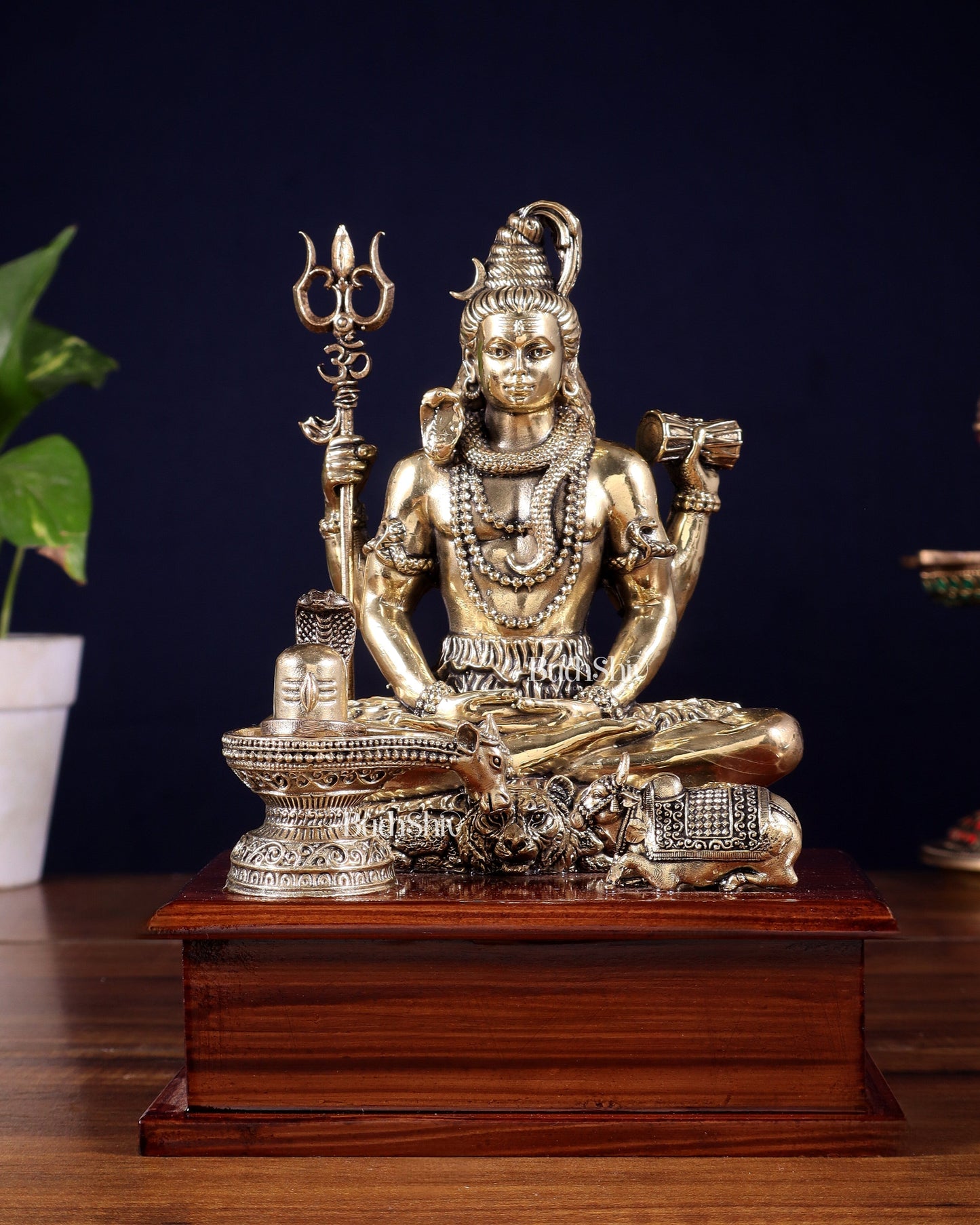 Brass Superfine Lord Shiva with Nandi and Shivling on Wooden Base – 8.5 Inch - Sama Homes Idol - Brass Sculpture