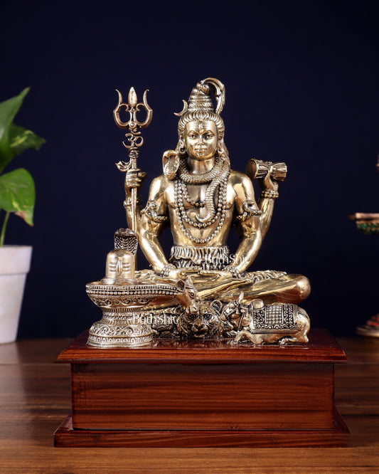 Brass Superfine Lord Shiva with Nandi and Shivling on Wooden Base – 8.5 Inch - Sama Homes Idol - Brass Sculpture