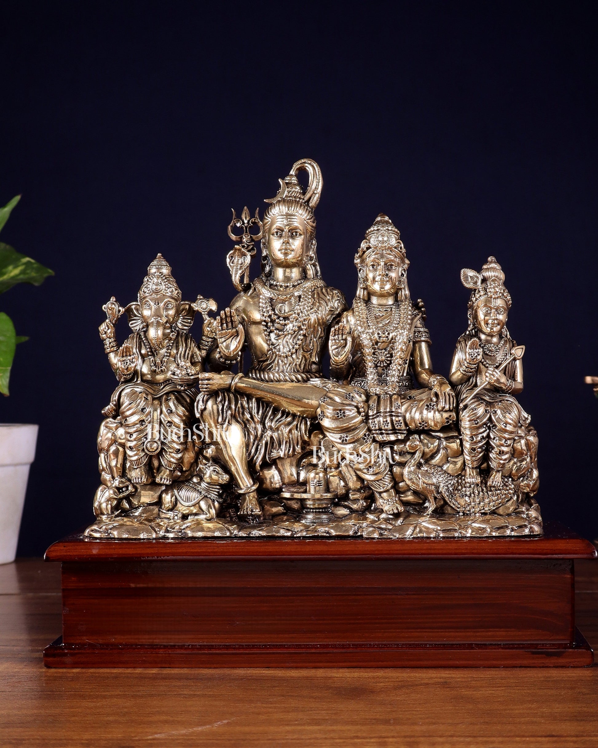 Superfine Brass Lord Shiva Parivar on Wooden Base – 9 Inch - Sama Homes Idol - Brass Sculpture - Eco-friendly - Sama Homes