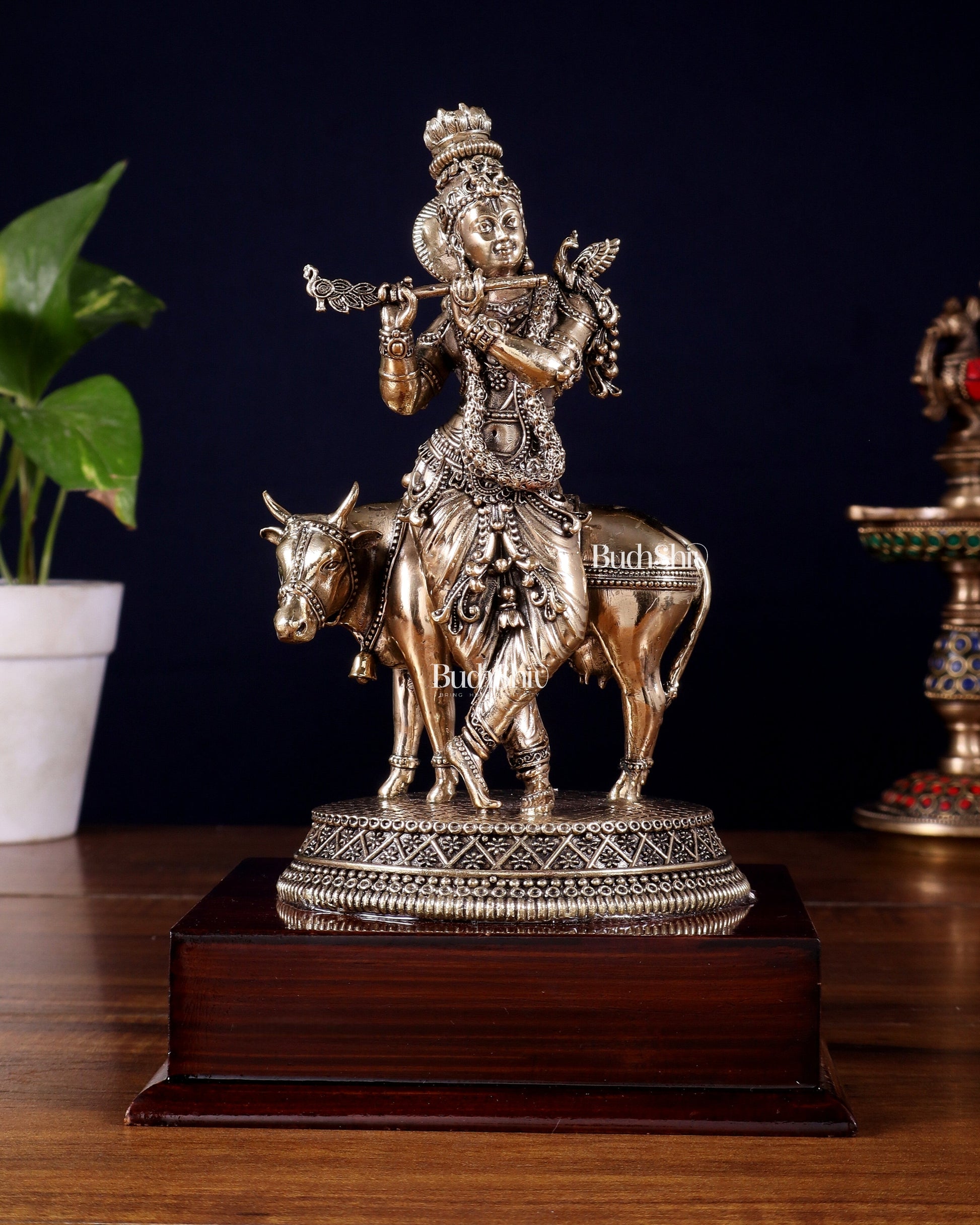 Superfine Brass Krishna with Cow on Wooden Base – 9 Inch - Sama Homes Idol - Brass Sculpture - Eco-friendly - Sama Homes