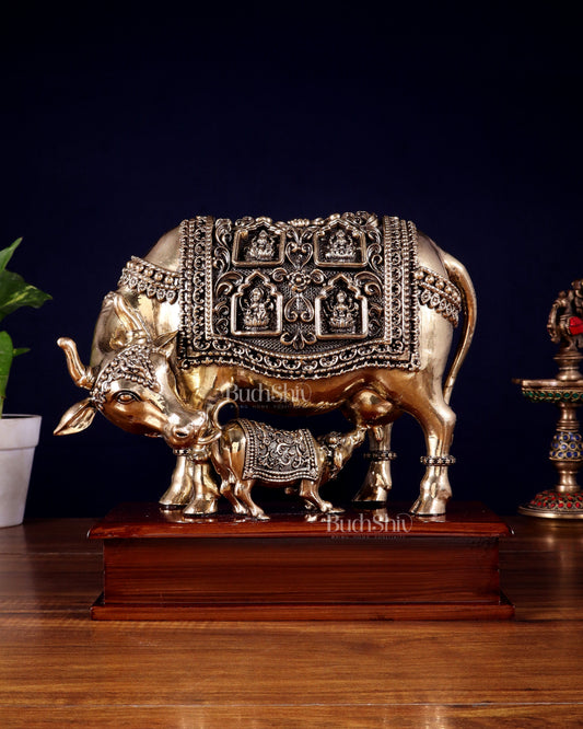 Brass Superfine Kamdhenu Cow with Calf on Wooden Base – 9.5 Inch