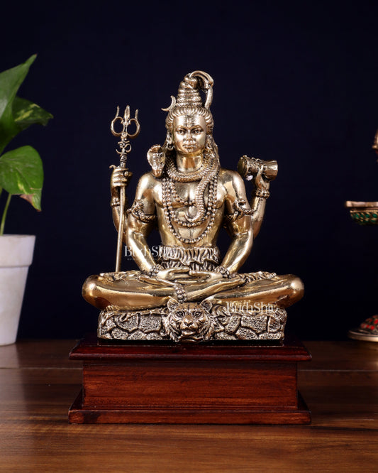 Brass Superfine Lord Shiva in Meditation Statue on Wooden Base – 8.5 Inch - Sama Homes Idol - Brass Sculpture