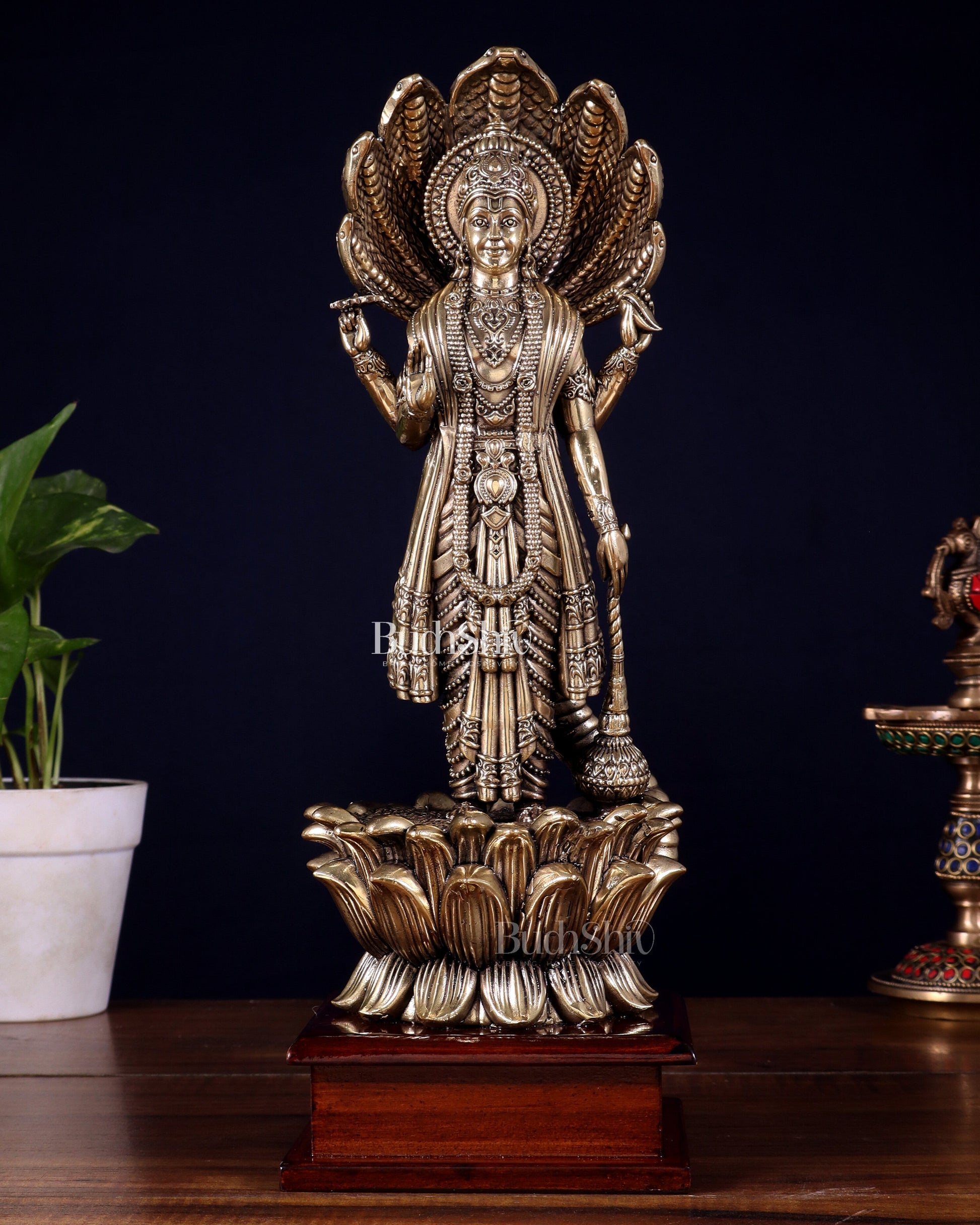Brass Superfine Lord Vishnu with Sheshanaag on Wooden Base – 12.5 Inch - Sama Homes Idol - Brass Sculpture - Eco-friendly - Sama Homes