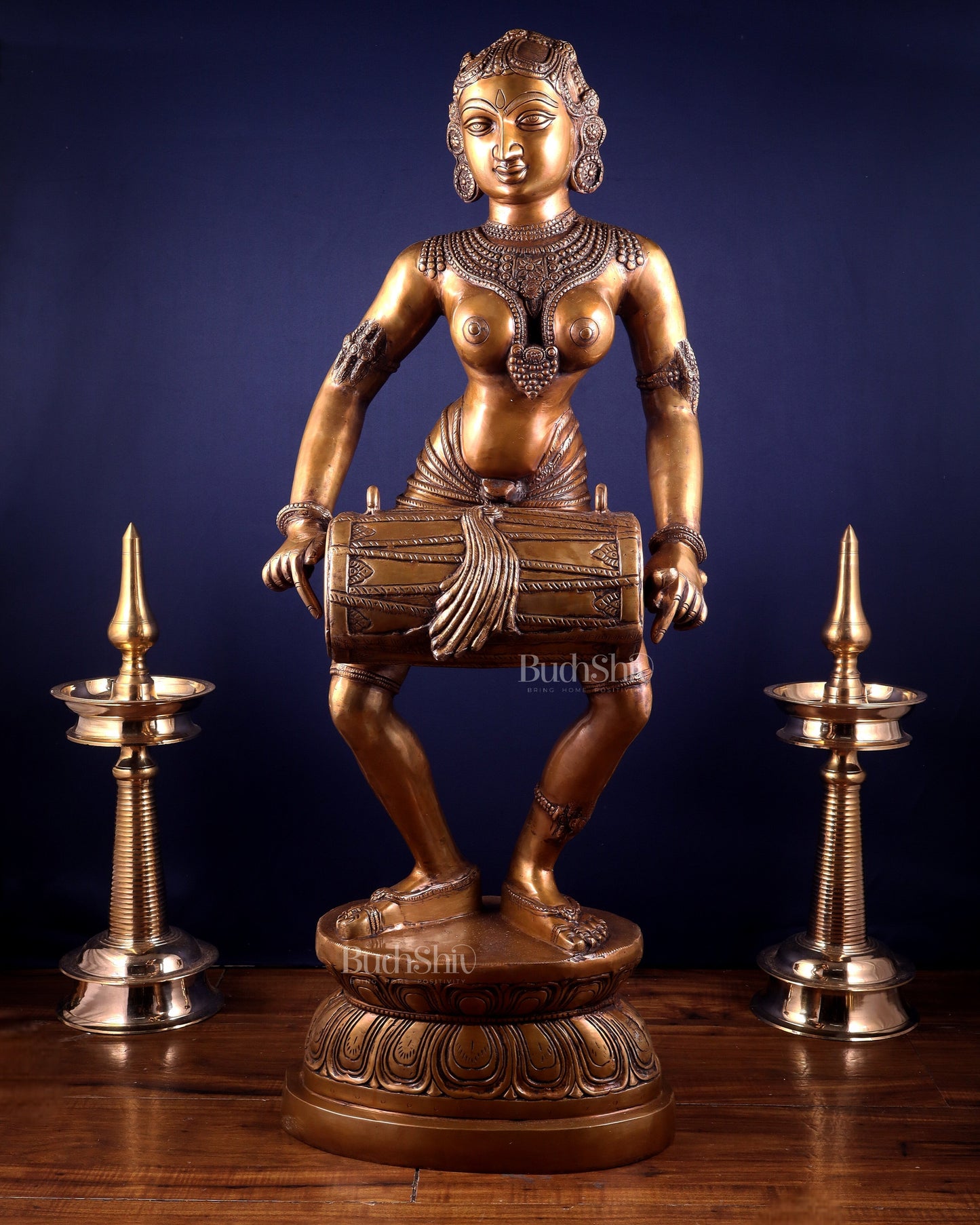 Pure Brass Large Dancing Indian Lady Playing Dholak Statue – 38 inch - Sama Homes Idol - Brass Sculpture