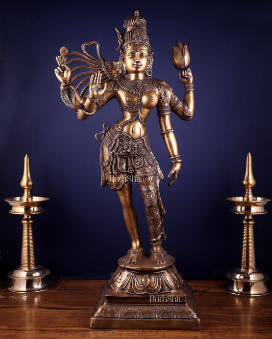 Pure Brass Large Ardhanarishvara Statue – Burnt Brass Finish 40 inch - Sama Homes Idol - Brass Sculpture