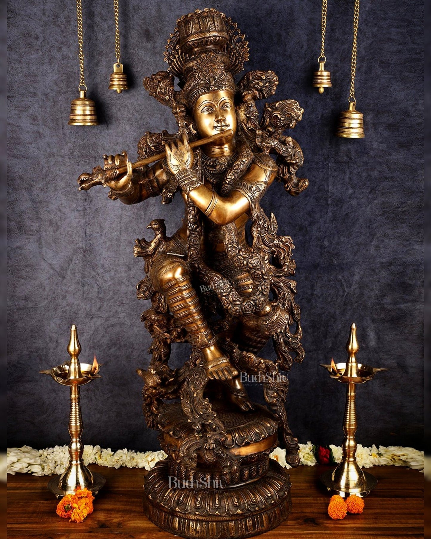 Large brass Lord Krishna Statue - 46 inch - Sama Homes Idol - Brass Sculpture