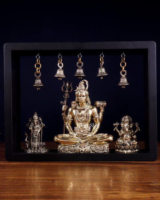 Brass Superfine Lord Shiva with Kartikeya and Ganesha Idol on MDF Frame – An Epitome of Father & Son Bond (11 Inch) - Sama Homes Idol - Brass Sculpture