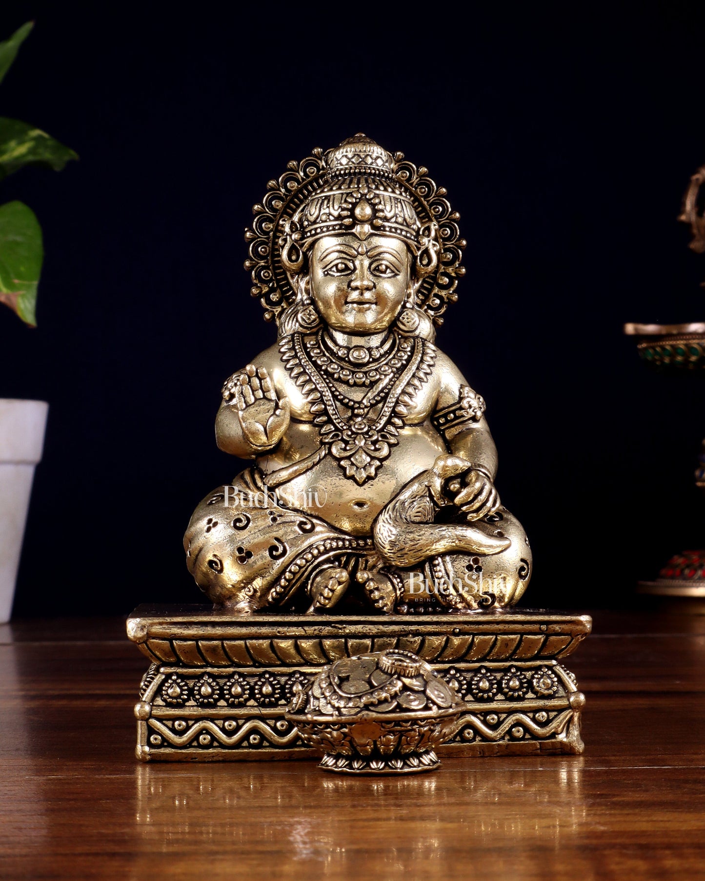 Brass Superfine Lord Kubera Idol – Intricately Crafted (5 Inch) - Sama Homes Idol - Brass Sculpture