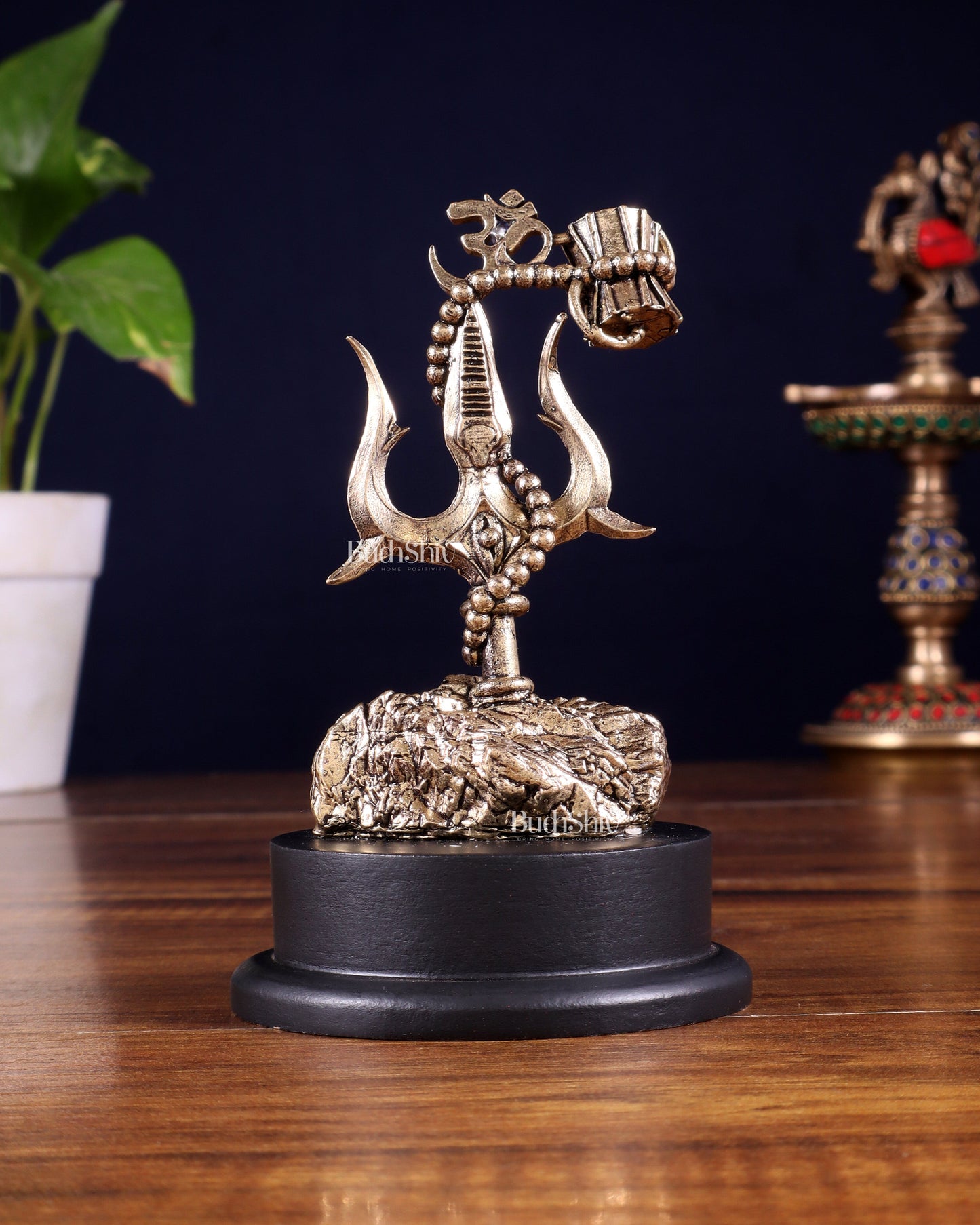 Brass Superfine Lord Shiva Trishul with Damru & Rudraksha Mala on MDF Base – 5 Inch - Sama Homes Idol - Brass Sculpture