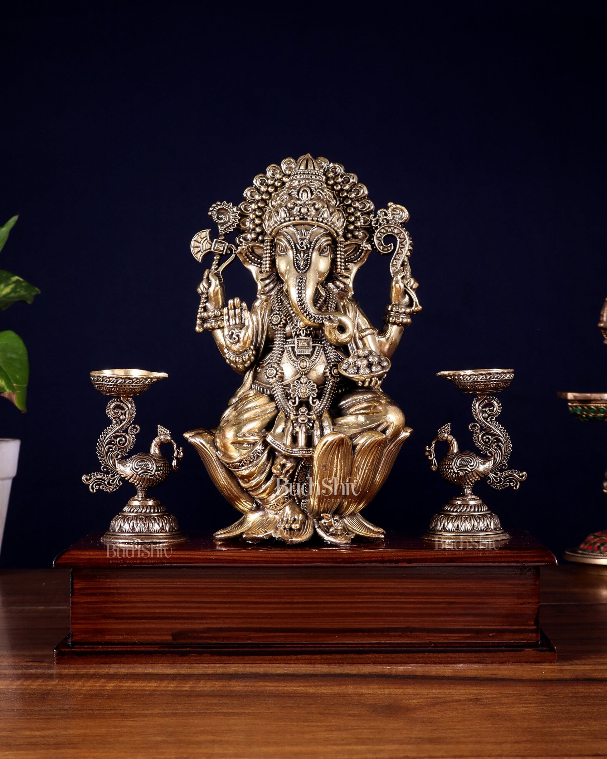 Brass Superfine Lord Ganesha Idol with Twin Peacock Lamps on Wooden Base – 9.5 Inch - Sama Homes Idol - Brass Sculpture - Eco-friendly - Sama Homes