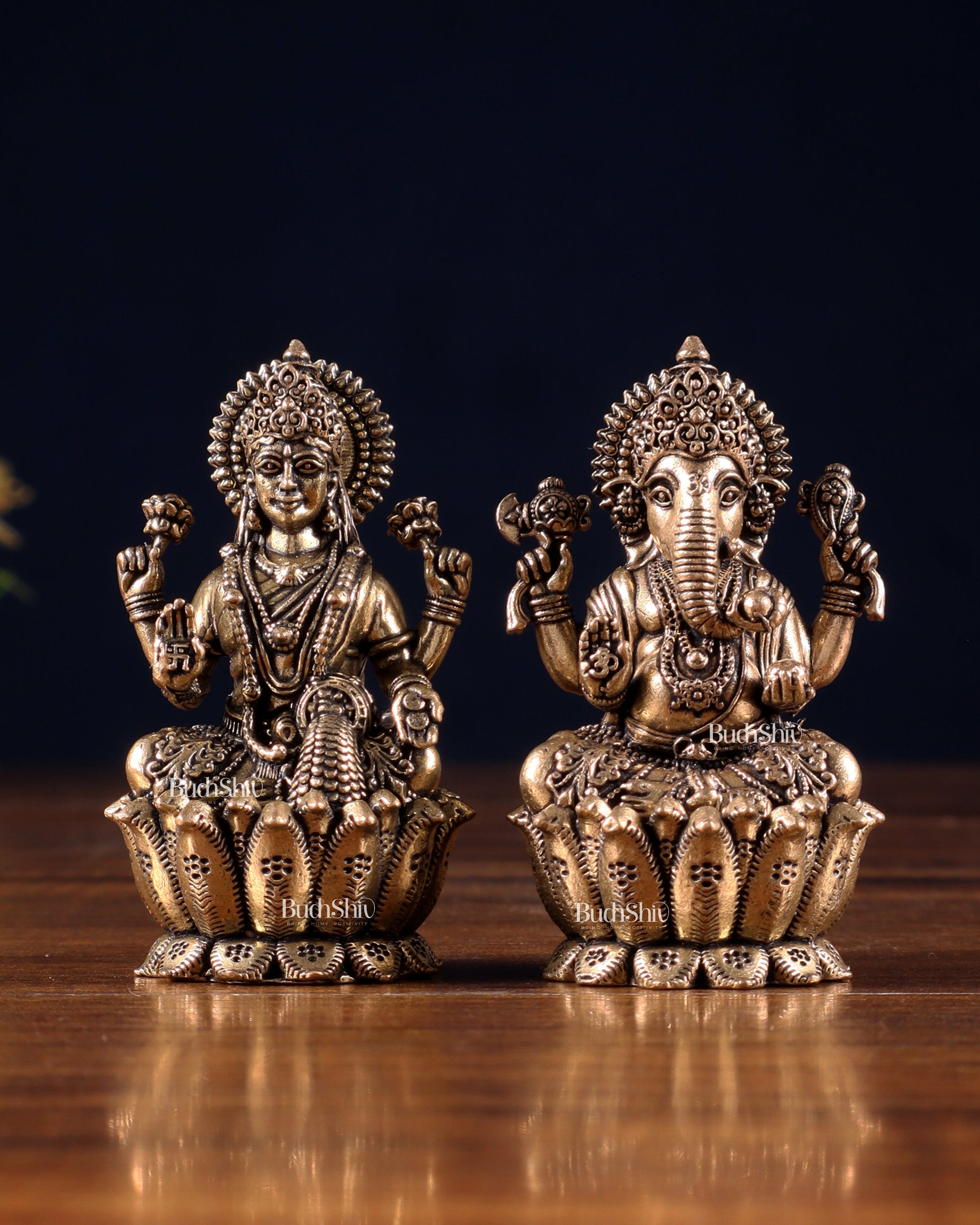 Brass Superfine Ganesh–Lakshmi on Lotus Idol Pair – Miniature (2.5 Inch) - Sama Homes Idol - Brass Sculpture - Eco-friendly - Sama Homes