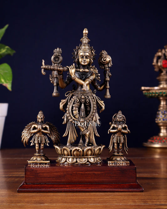 Antique Bronze Vishnu Roopam Krishna with Hanuman & Garuda – 7 Inch | 100% Certified Copper & Brass - Sama Homes Idol - Brass Sculpture