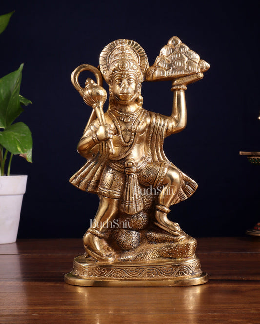 Pure Brass Hanuman Carrying Sanjeevani Mountain idol | 9 Inch Height - Sama Homes Idol - Brass Sculpture