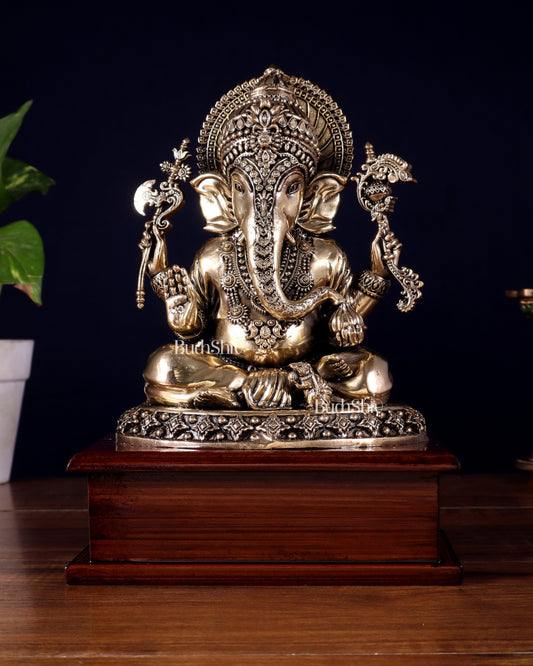Brass Superfine Ganesha Idol – Intricate Design on Wooden Base (8.5 Inch) | 100% Certified Copper & Brass - Sama Homes Idol - Brass Sculpture
