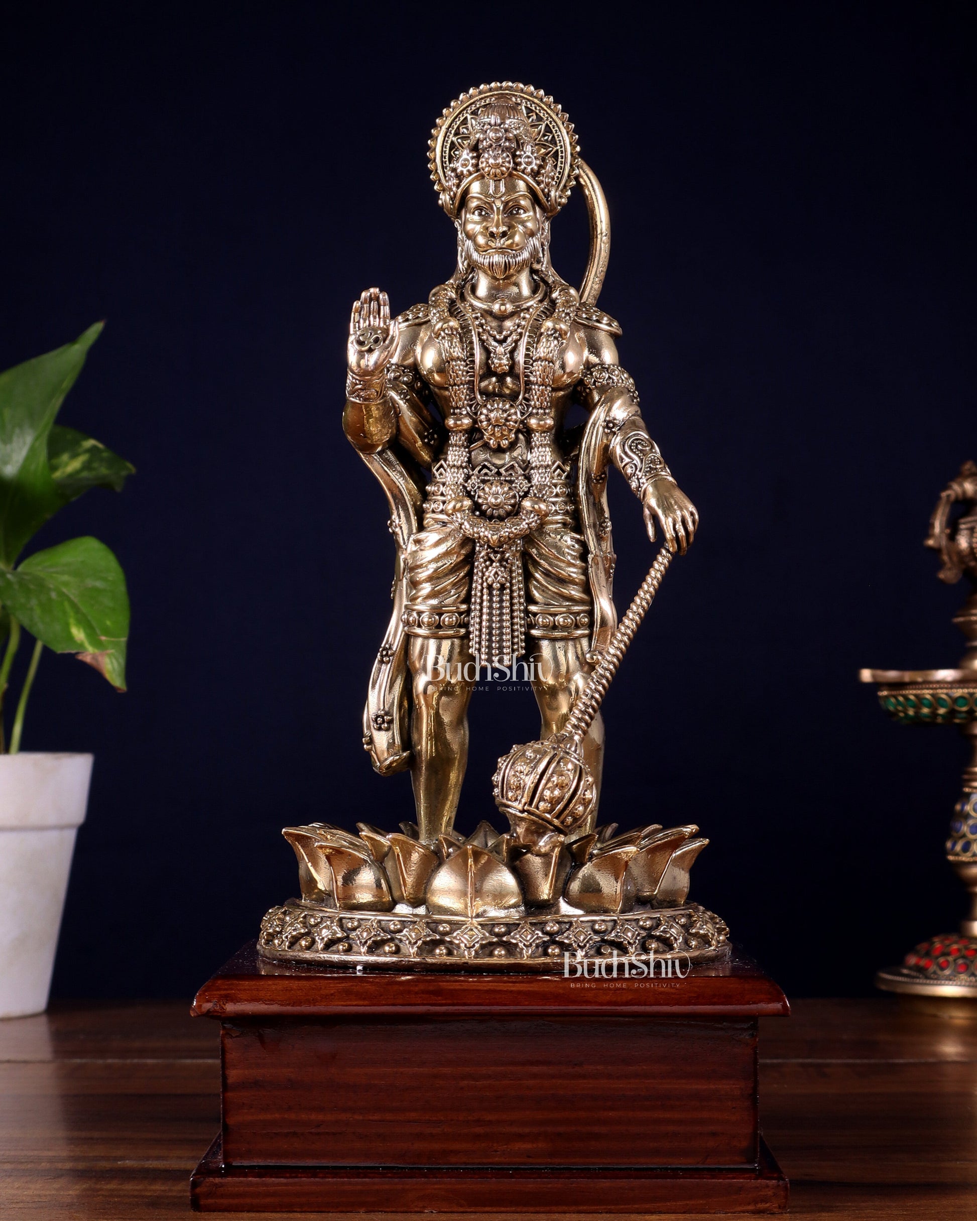 Brass Superfine Hanuman Standing on Lotus – Wooden Base (10.5 Inch) - Sama Homes Idol - Brass Sculpture - Eco-friendly - Sama Homes