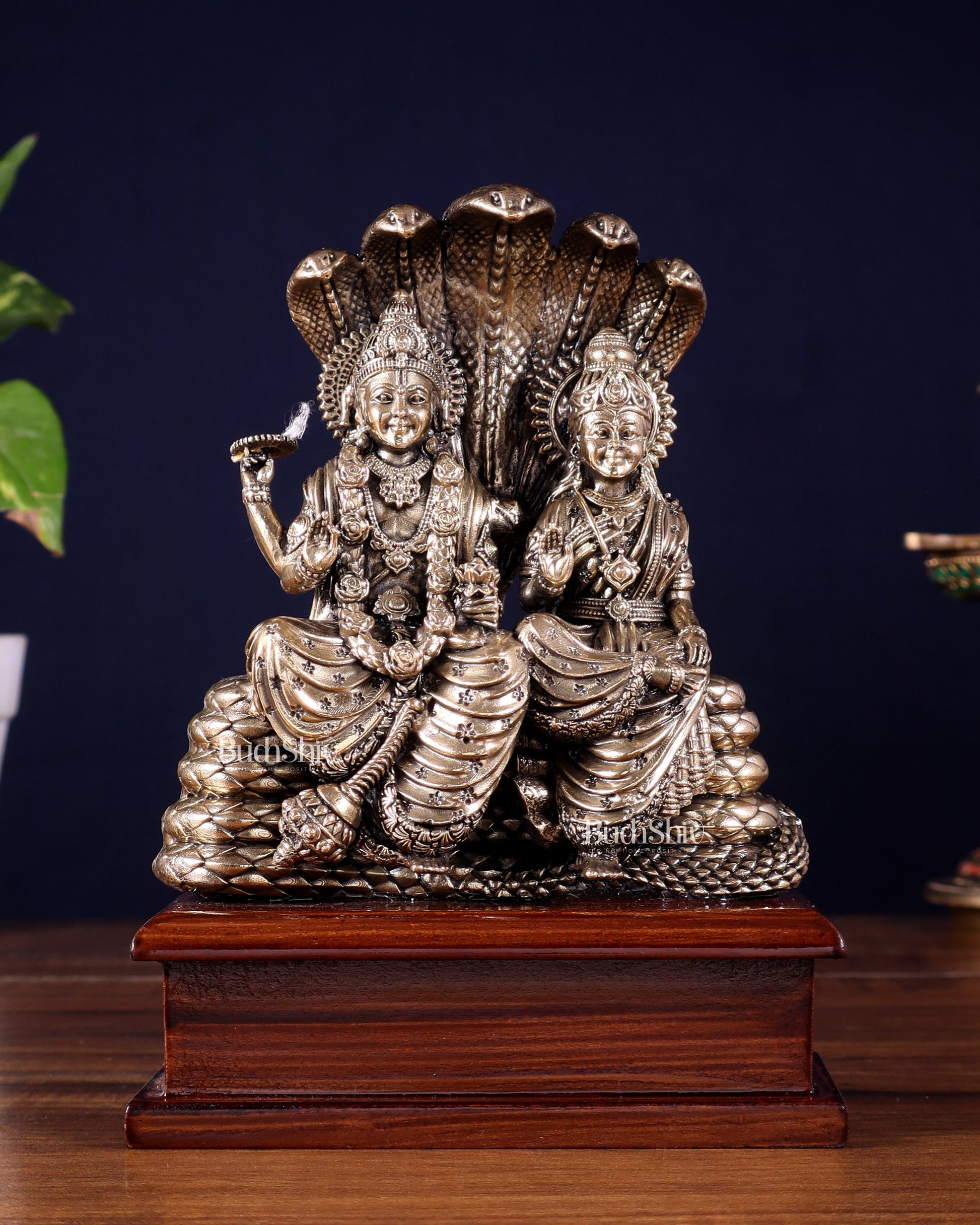 Pure Brass Superfine Lakshmi Narayan on Sheshanaag – on Wooden Base (7 Inch)7 - Sama Homes Idol - Brass Sculpture - Eco-friendly - Sama Homes