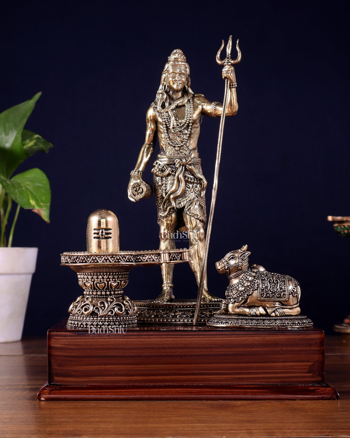 Brass Superfine Standing Lord Shiva with Nandi & Shivling – Wooden Base (9.5 Inch) - Sama Homes Idol - Brass Sculpture
