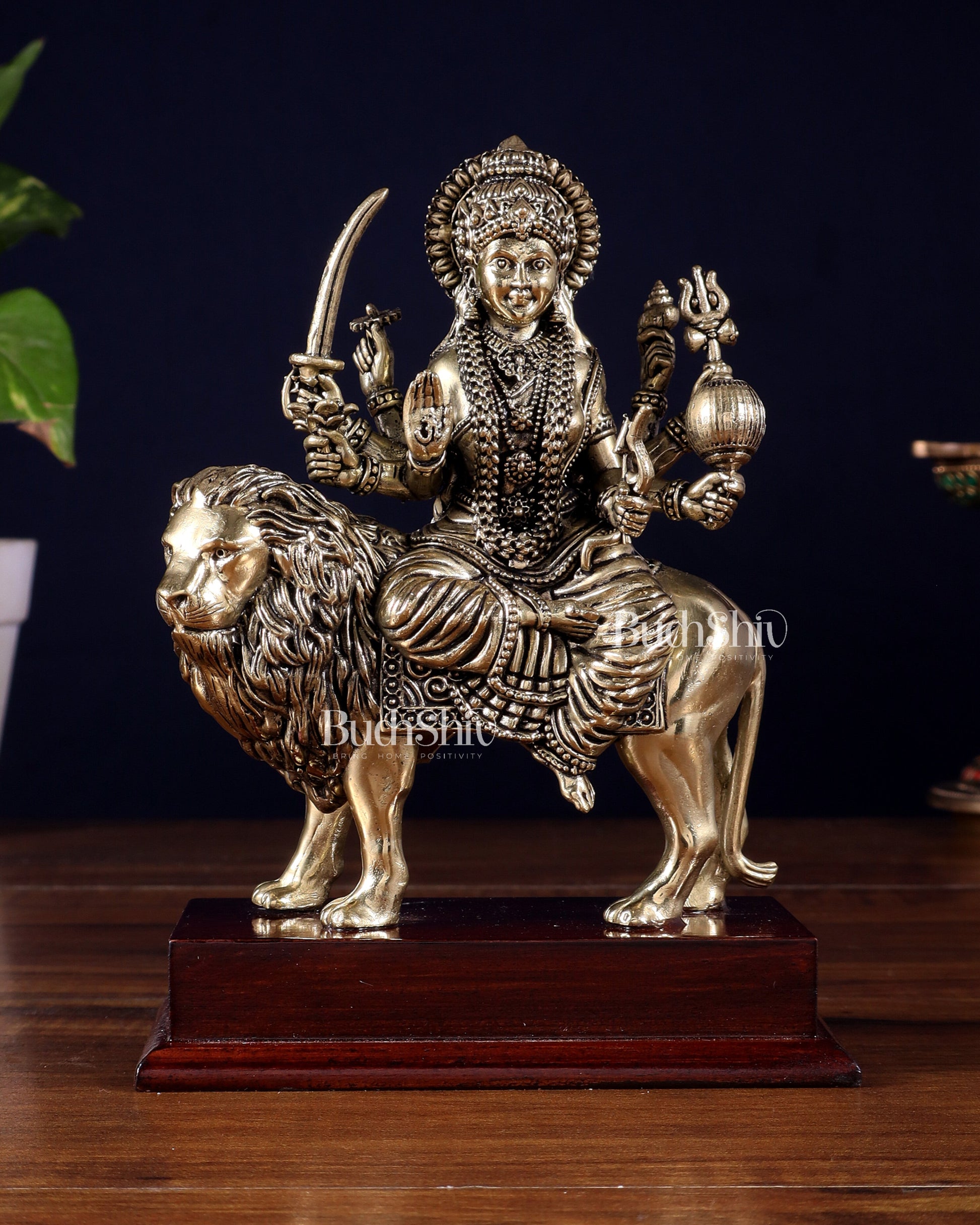 Brass Superfine Goddess Durga Idol on Wooden Base (6 Inch) - Sama Homes Idol - Brass Sculpture - Eco-friendly - Sama Homes