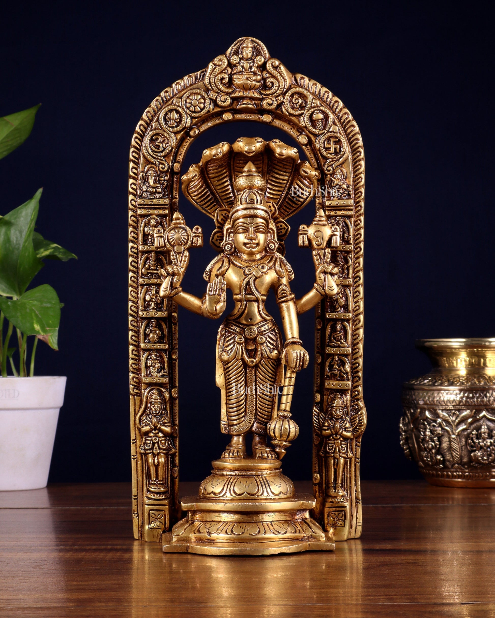 Pure Brass Vishnu with Sheshanaag & Prabhavali Arch 12 inch - Sama Homes Idol - Brass Sculpture - Eco-friendly - Sama Homes