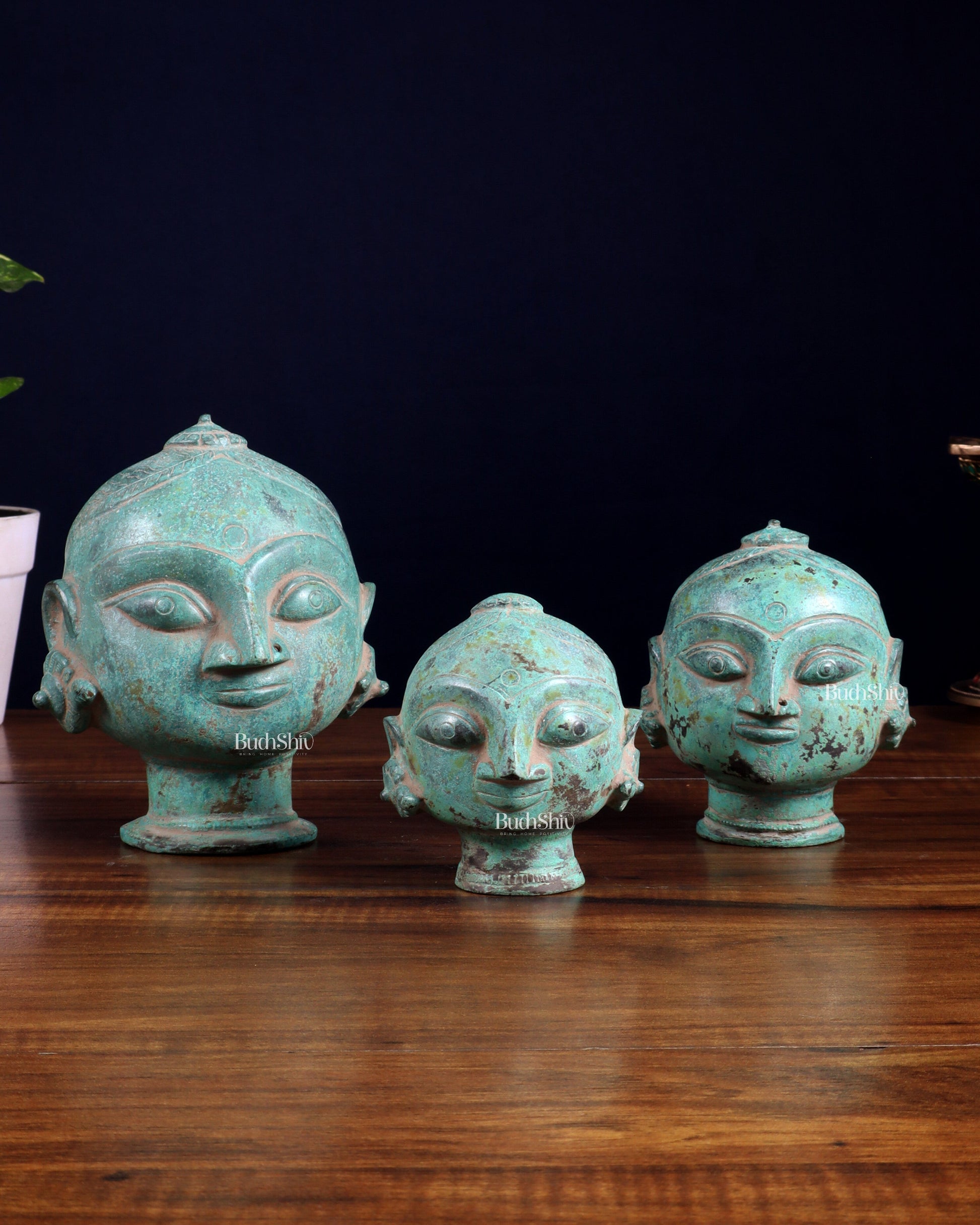 Vintage Brass Gauri Face Set – Green Sand Patina Finish - Sama Homes Idol - Brass Sculpture - Eco-friendly - Sama Homes