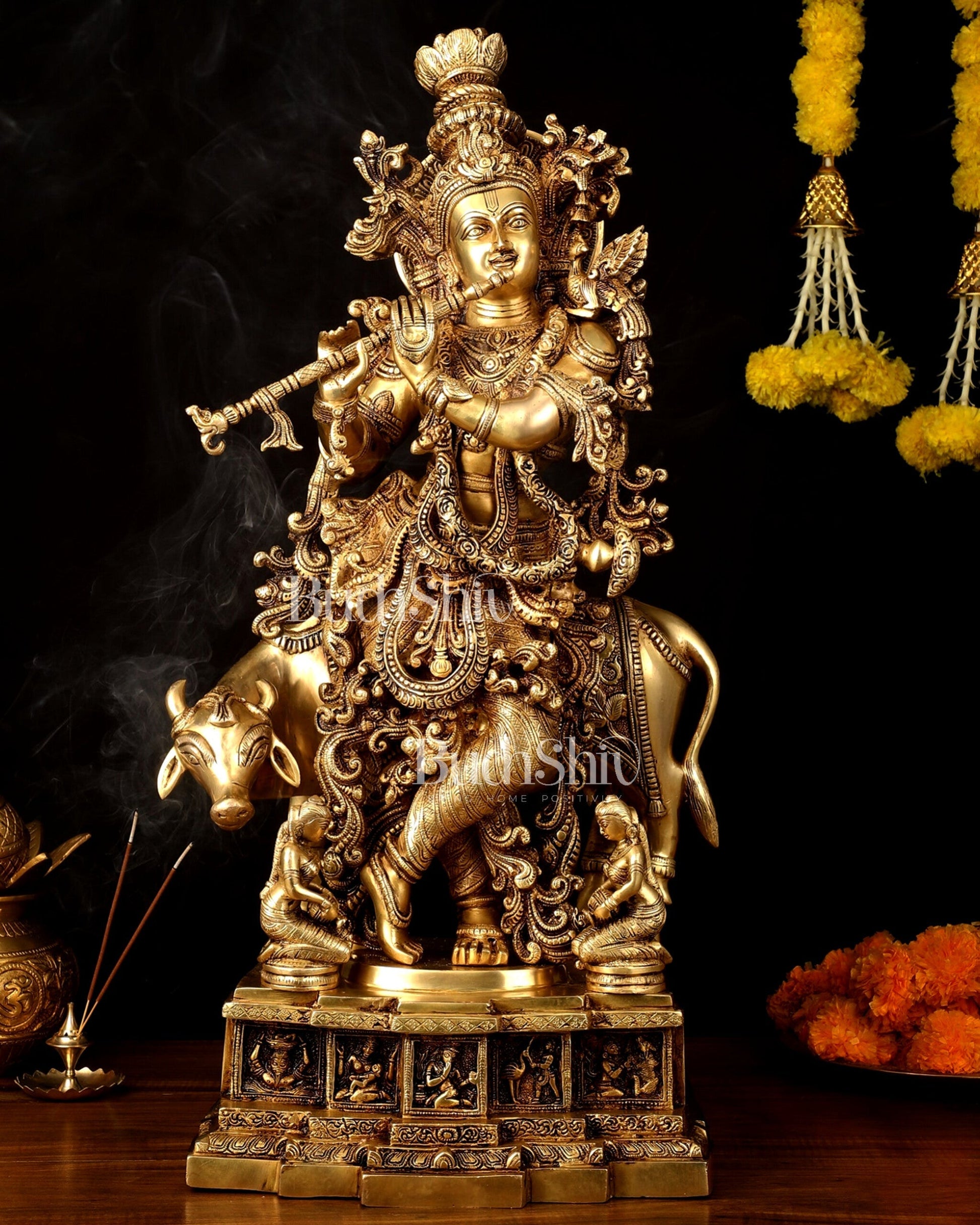 Pure Brass Lord Krishna with Cow large Statue - 29" Height - Sama Homes Idol - Brass Sculpture - Eco-friendly - Sama Homes