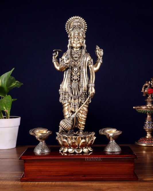 Brass Superfine Lord Vishnu Standing on Wooden Base with Diyas – 13 Inch - Sama Homes Idol - Brass Sculpture