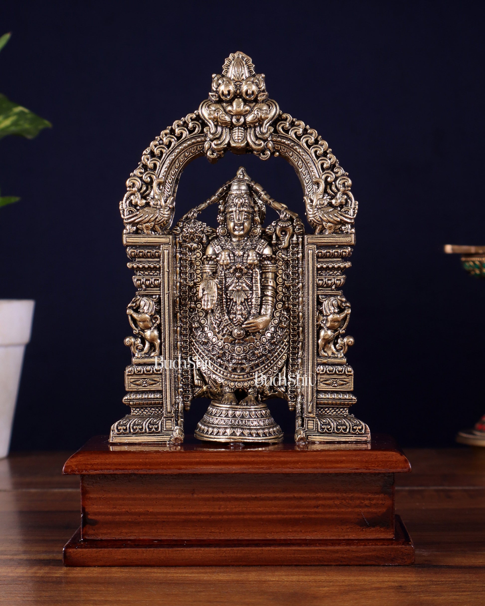 Superfine Brass Tirupati Balaji Idol on Wooden Base – 7.5 Inch - Sama Homes Idol - Brass Sculpture - Eco-friendly - Sama Homes