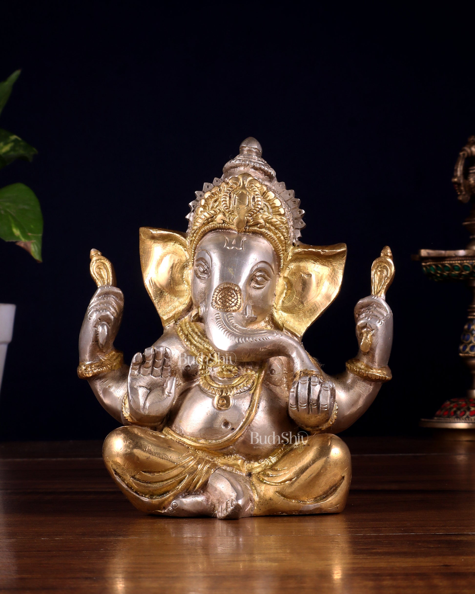 Pure brass Taj Ganesha Brass Statue with a glossy dual tone 6" - Sama Homes Idol - Brass Sculpture - Eco-friendly - Sama Homes