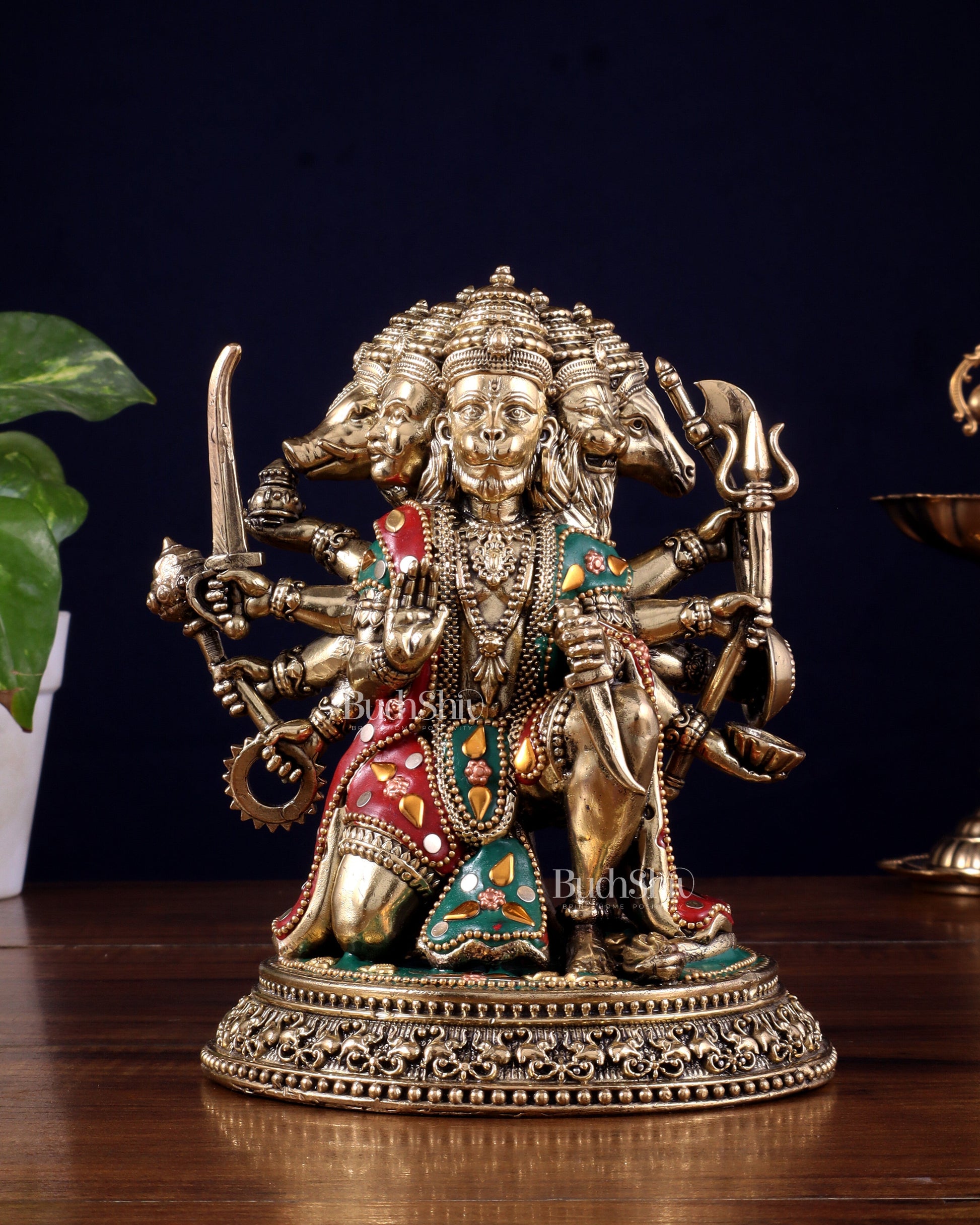 Intricate Superfine Brass Panchmukhi Hanuman Idol - 6" Tall meenakari - Sama Homes Idol - Brass Sculpture - Eco-friendly - Sama Homes