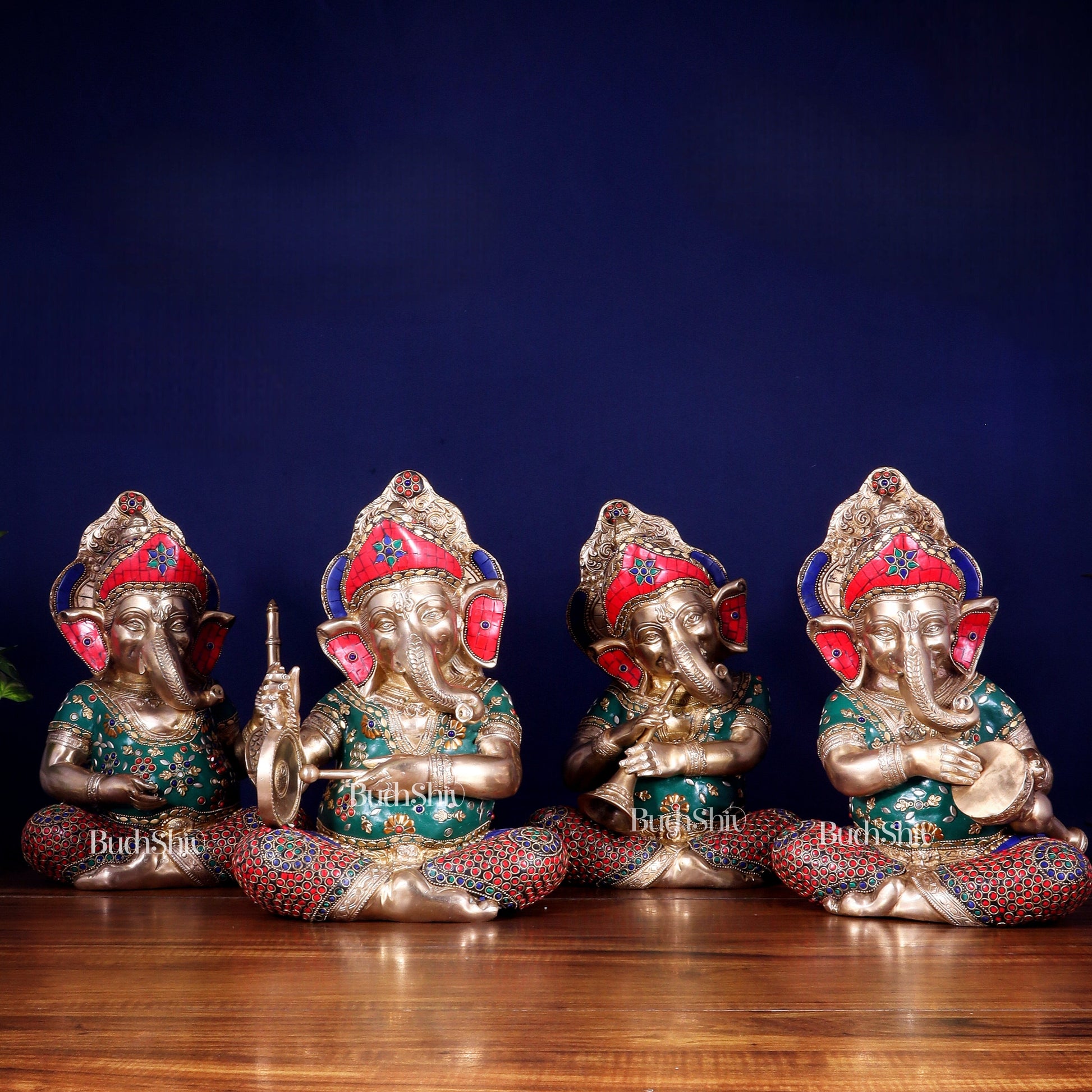 Pure Brass Ganesha Musical Set of Four 12.5 inch - Sama Homes Idol - Brass Sculpture - Eco-friendly - Sama Homes