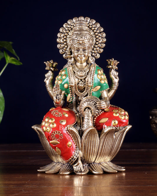 Brass Superfine Lakshmi Idol - 6 Inch lotus base meenakari - Sama Homes Idol - Brass Sculpture