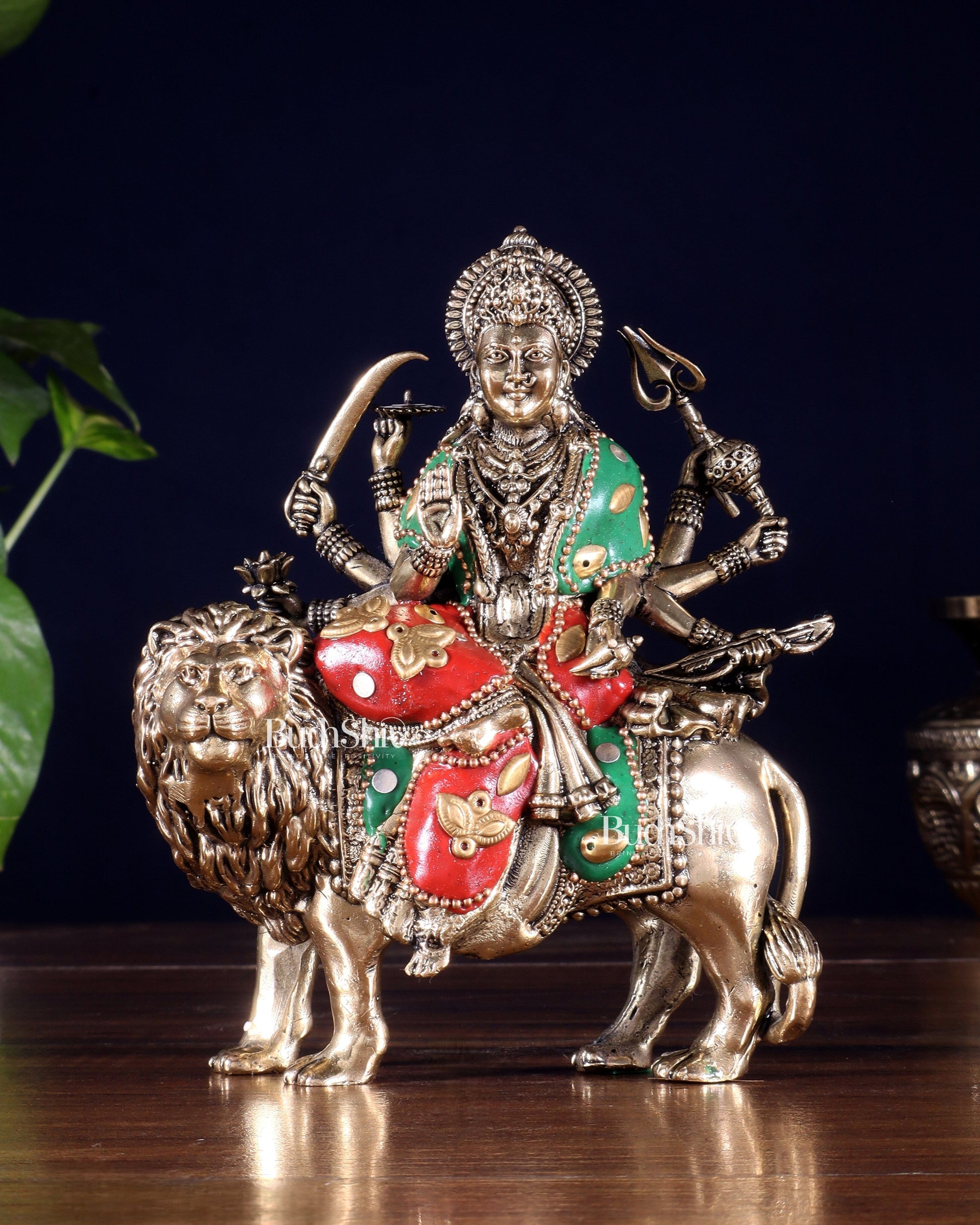 Brass Durga on Lion Idol – 6 Inch, Superfine Lightweight | 100% Certified Copper & Brass - Sama Homes Idol - Brass Sculpture - Eco-friendly - Sama Homes