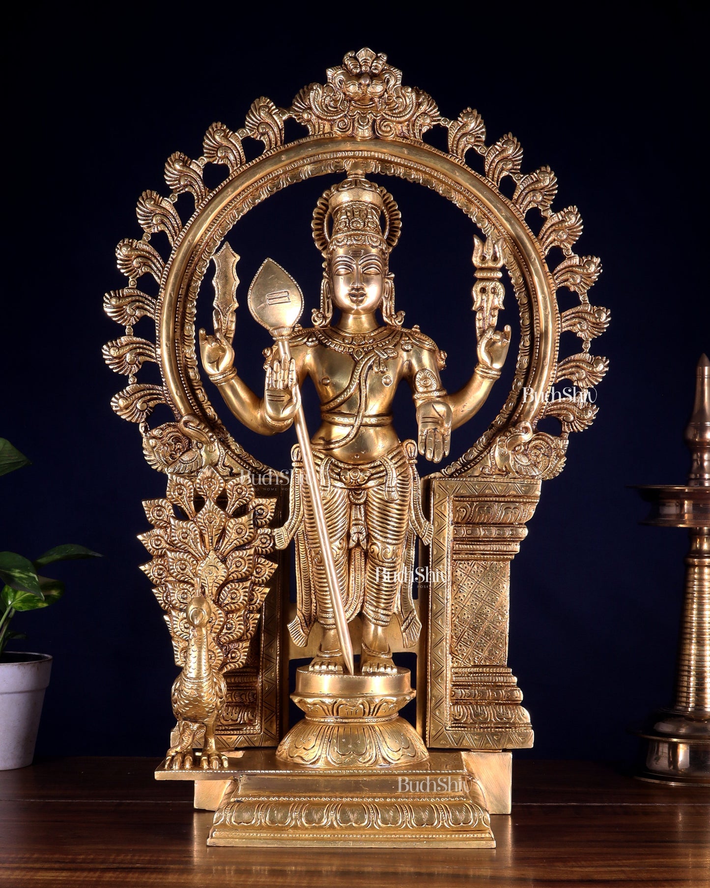 Pure Brass Murugan with Thiruvachi Prabhavali Arch 23 inch - Sama Homes Idol - Brass Sculpture