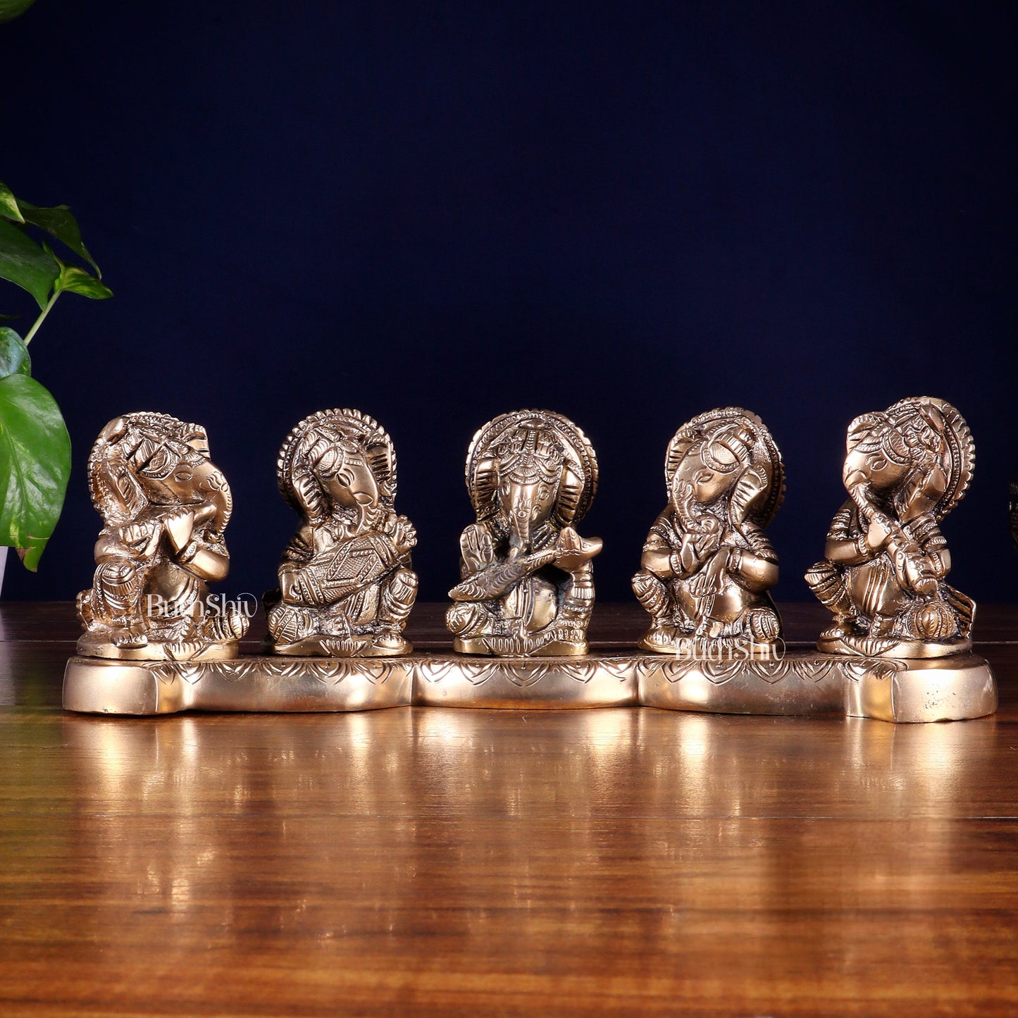 Pure Brass Set of Five Musical Ganesha – Showpiece & Gift for Loved Ones 4 inch - Sama Homes Idol - Brass Sculpture
