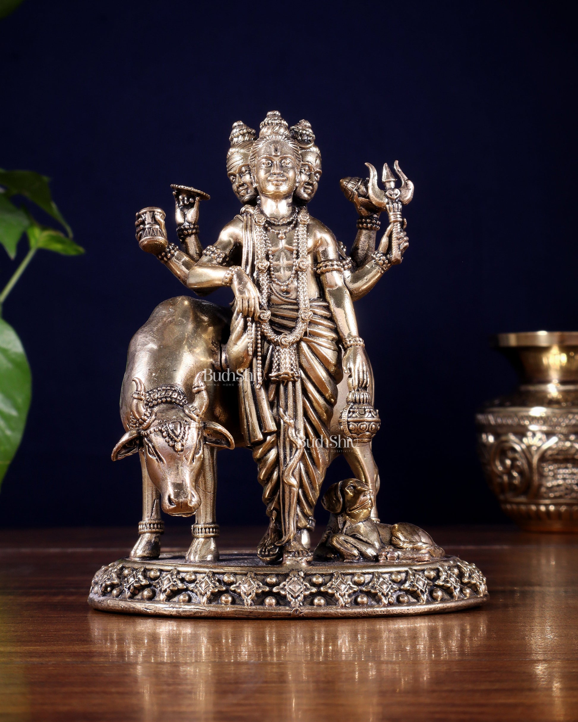 Pure Brass Superfine Dattatraya with cow and dog Idol - Lightweight Hollow Casting, 5.5" - Sama Homes Idol - Brass Sculpture - Eco-friendly - Sama Homes