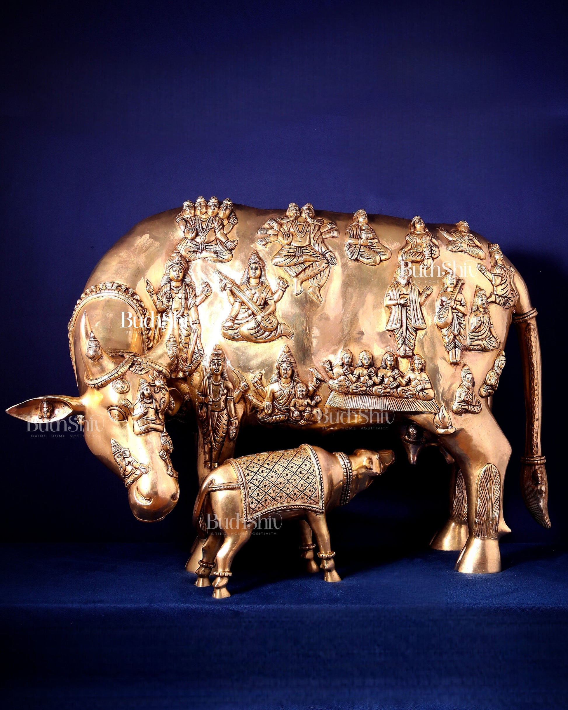 Majestic Large Pure Brass Kamadhenu Cow with Calf – Engraved with All Gods 40 inch - Eco-friendly - Sama Homes