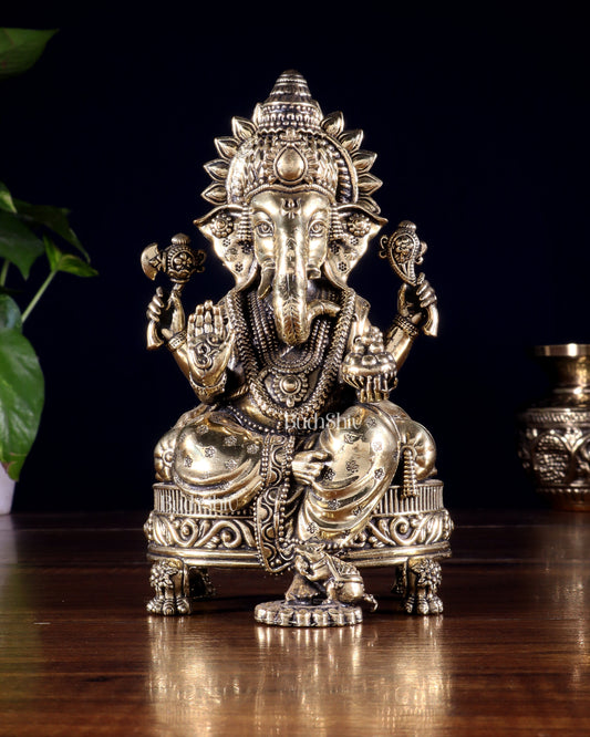 Brass Superfine Ganesha Seated on Throne Idol 6 inch - Sama Homes Idol - Brass Sculpture